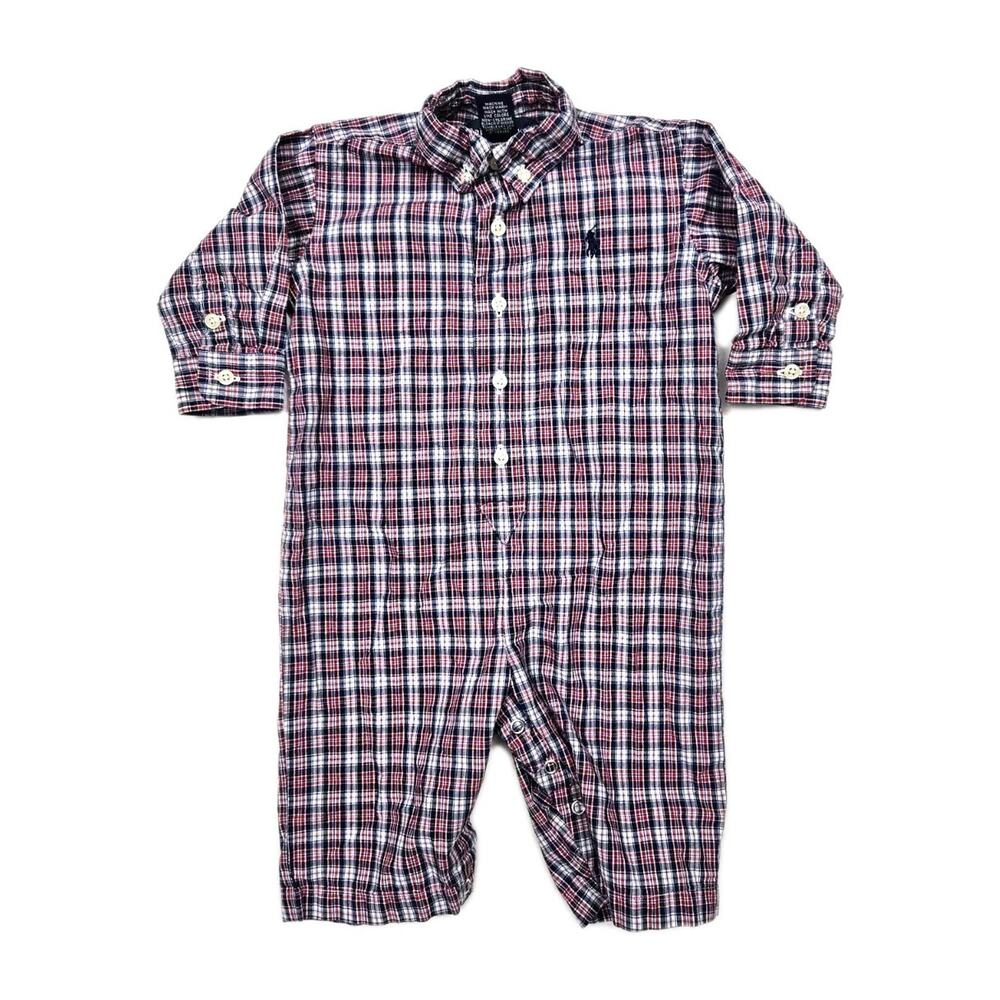 ralph lauren baby boy 9 months romper Long Sleeve Logo Red Plaid